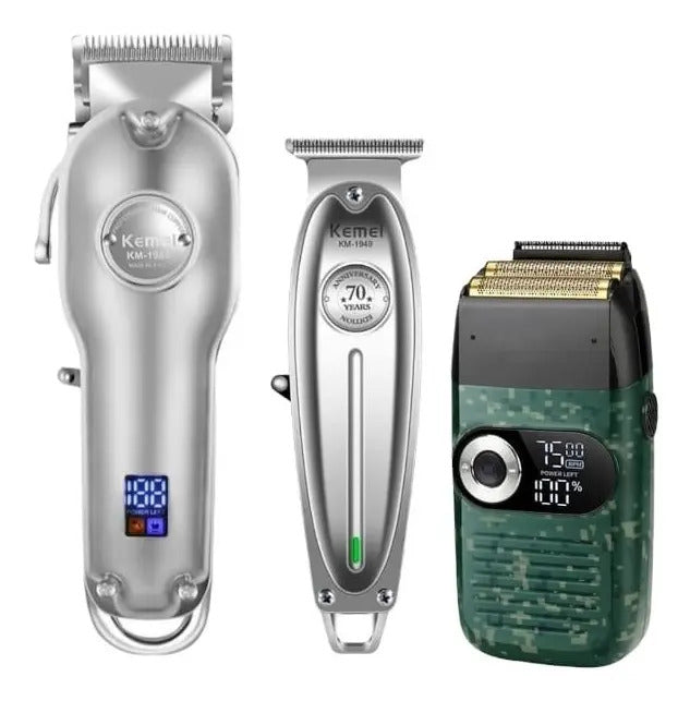 Pack Inicial Barbería Kemei: Clipper 1986 + Trimmer 1949 Edición 70 Años + Shaver 2026