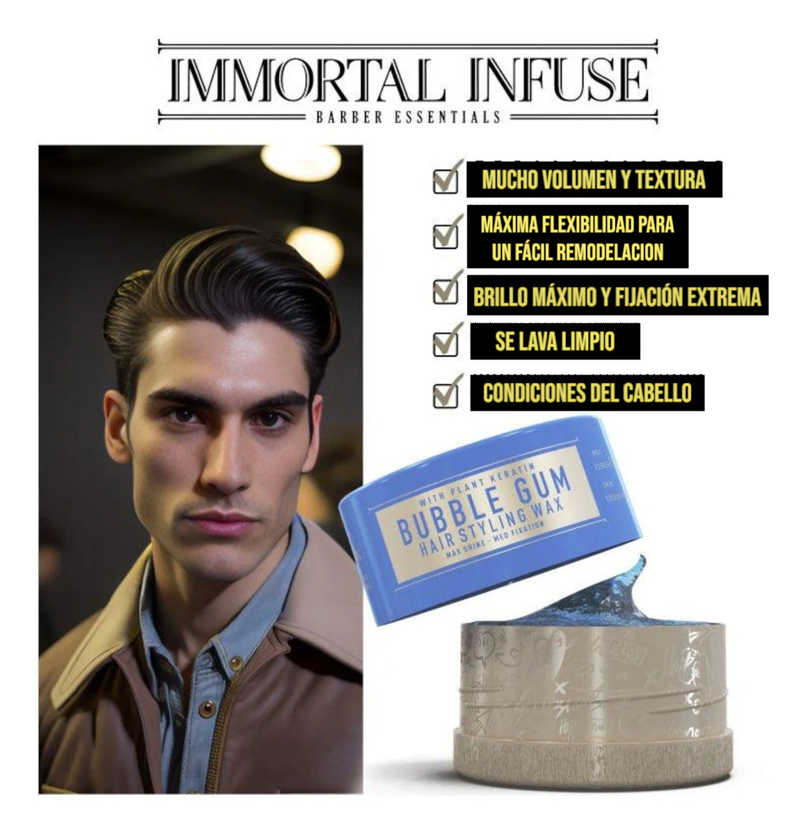 Pomada Immortal Infuse Bubble Gum - Fijación Media y Alto Brillo 150ml