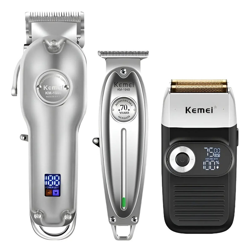 Pack Inicial Barbería Kemei: Clipper 1986 + Trimmer 1949 Edición 70 Años + Shaver 2026