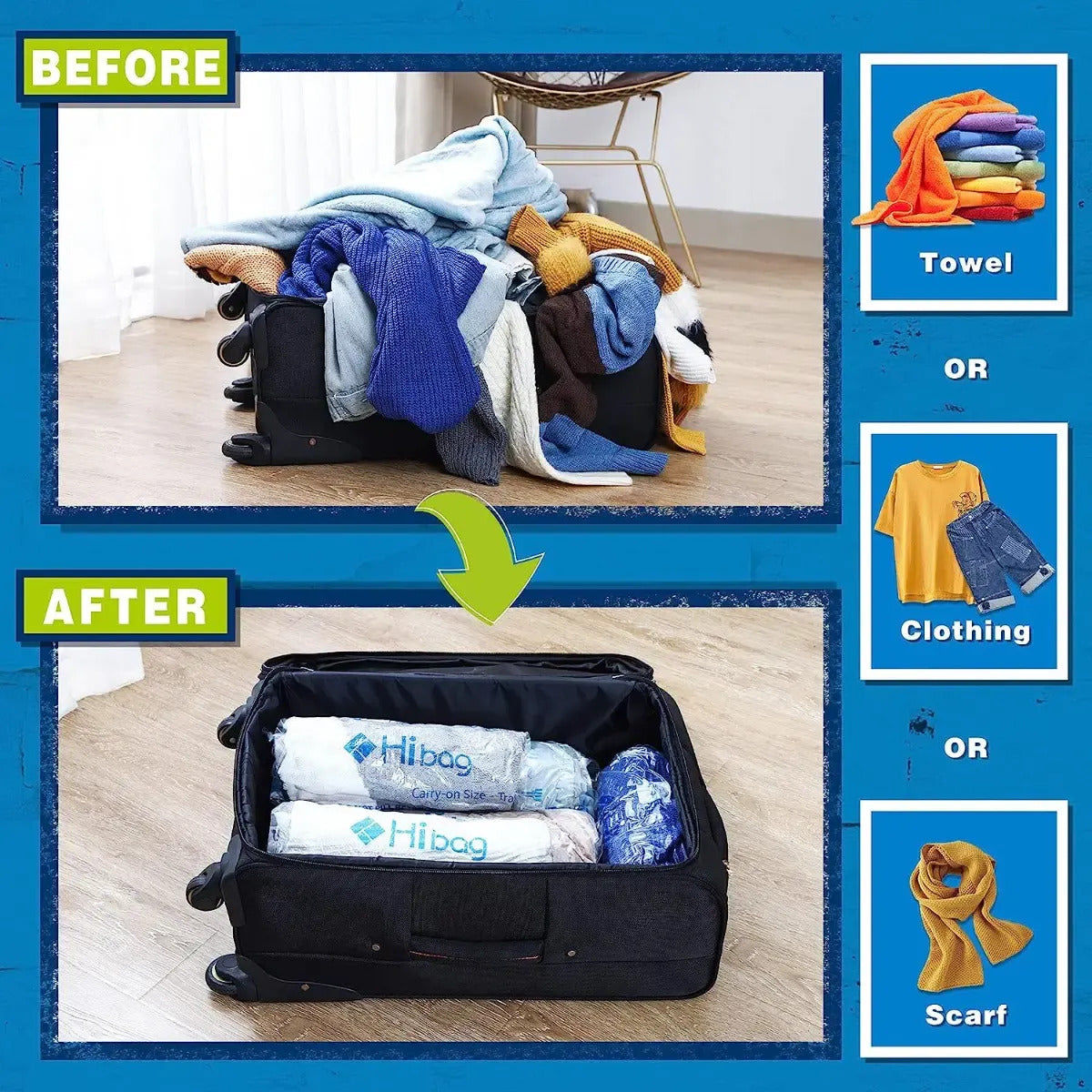 Set 6 Bolsa Al Vacío Ropa Reduce Volumen Ideal Viaje Clóset