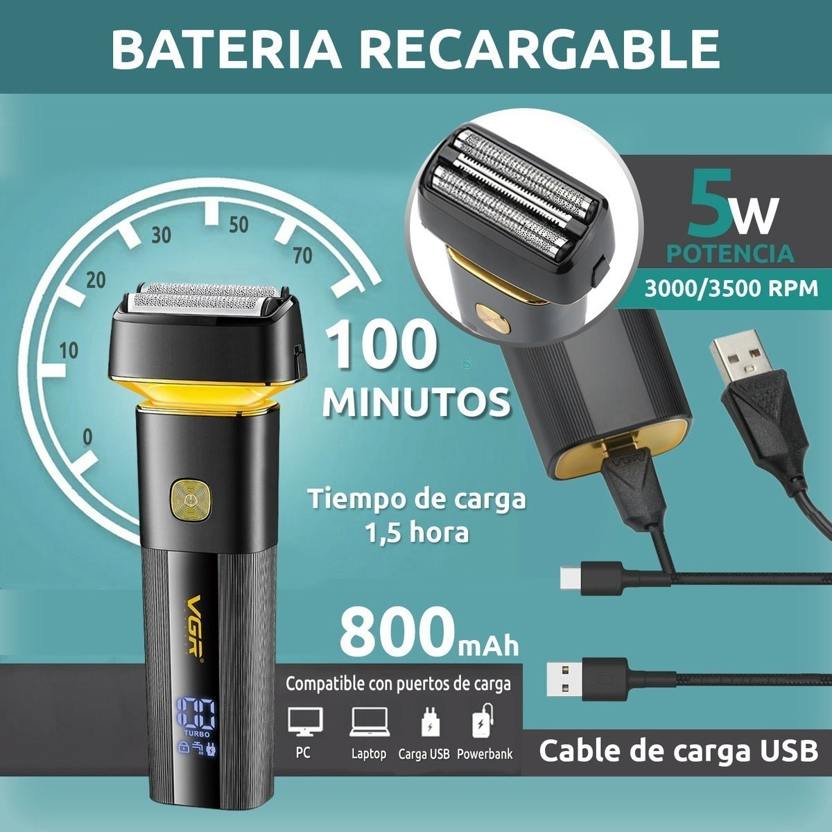 Máquina Rasuradora Eléctrica VGR V-355 Inalámbrica Recargable Profesional