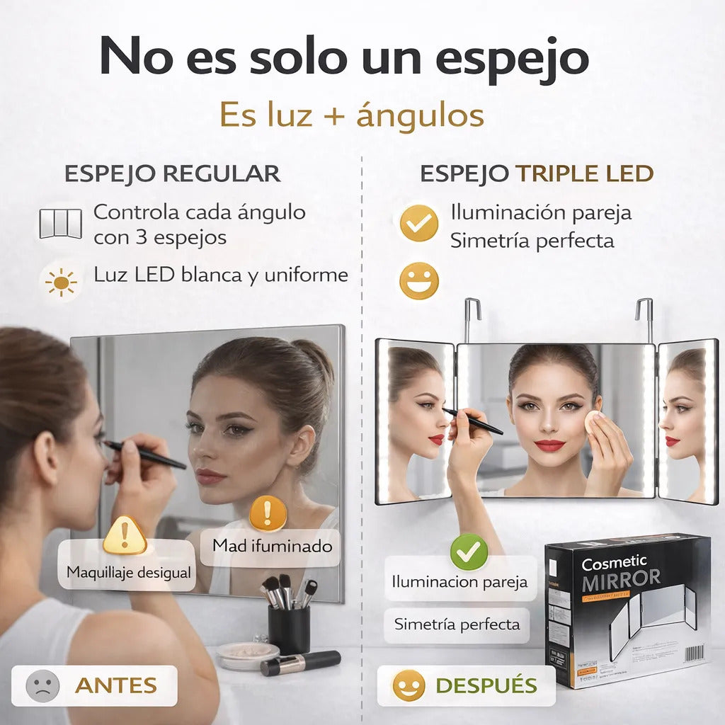 Espejo Triple Con Luz Led Para Auto Corte Barberia 3 Angulos