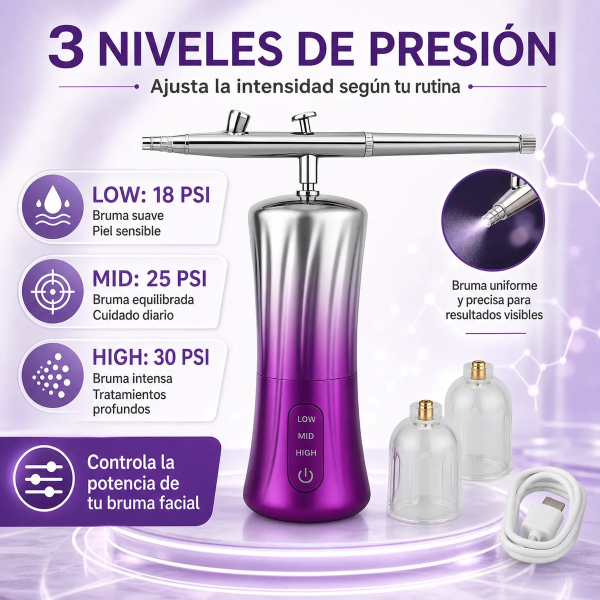 Pistola Aerógrafo Facial Recargable Bruma Fina 3 Niveles