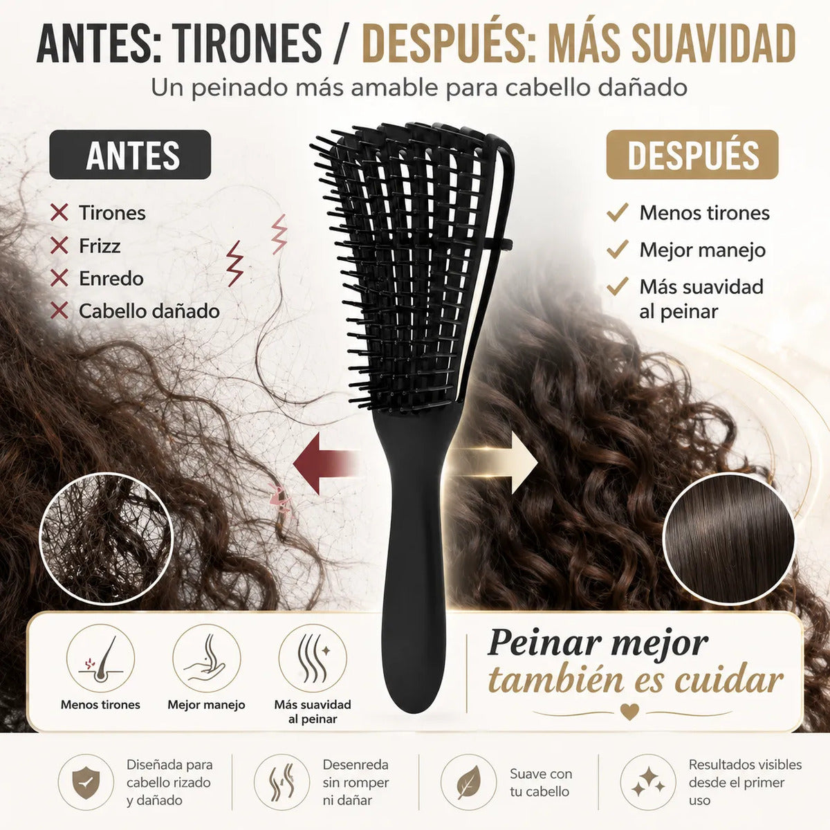 Cepillo  Cabello Rizado Desenreda Fácil Cerdas Negro