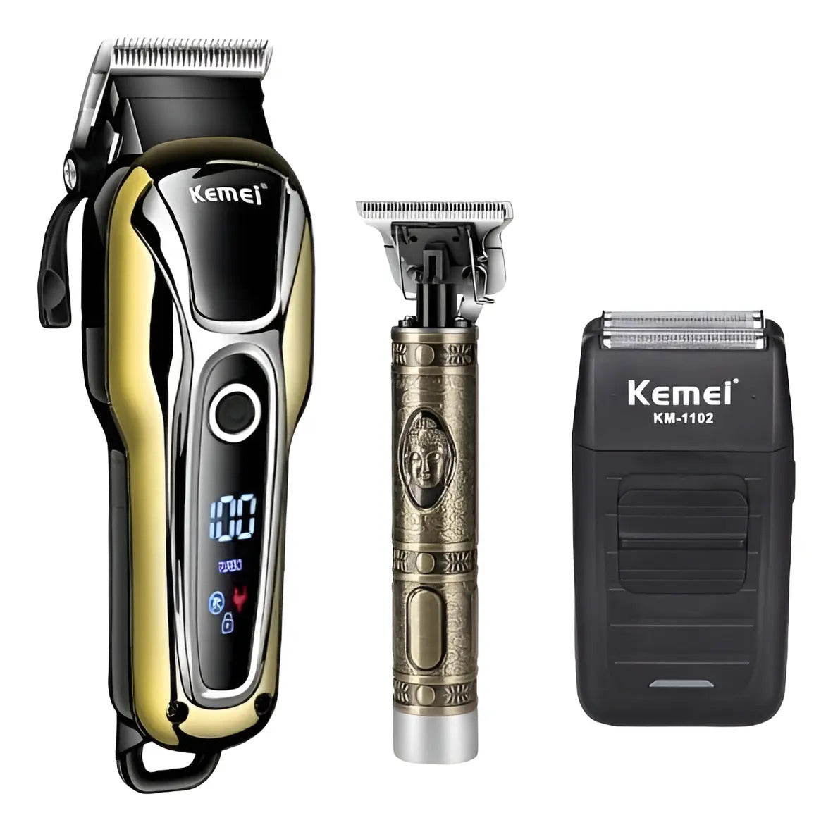 Pack Inicial Barbería Kemei: Clipper 1990 + Shaver 1102 + Trimmer Buddha 1974-A
