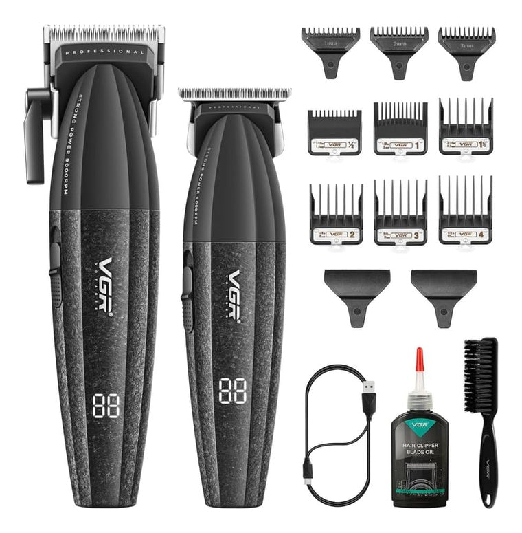 Combo VGR V640 Clipper + Trimmer Profesional 9000RPM Barbería Recargable