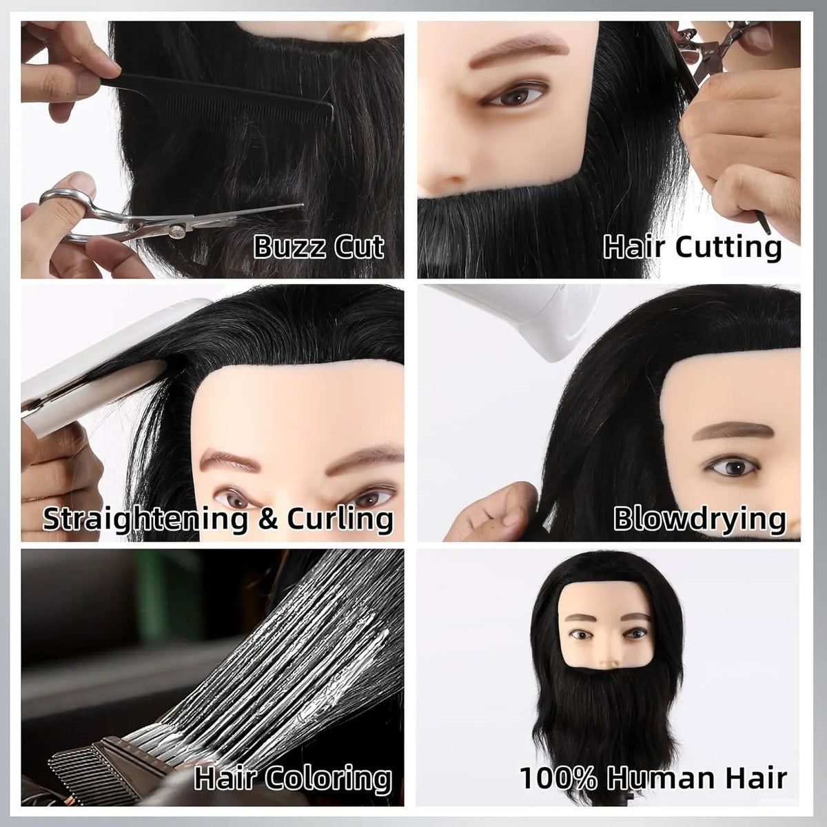 Cabeza de Práctica Masculina 100% Cabello Humano con Barba Profesional