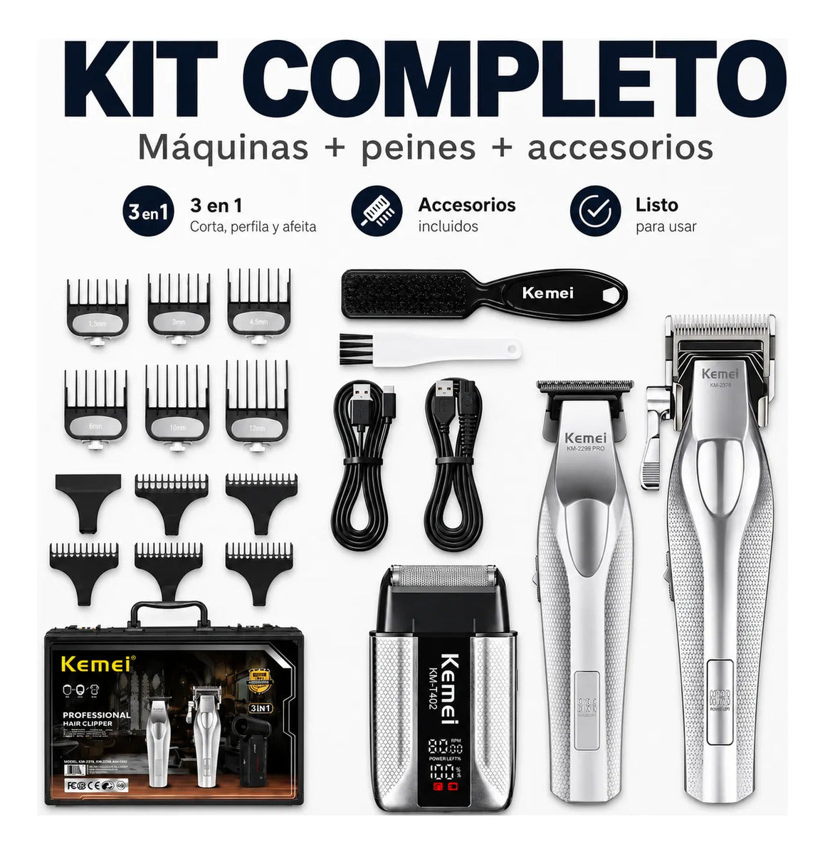 Máquina Cortar Pelo Kemei Kit Barbería  3 En 1 Hoja Dlc Km 4