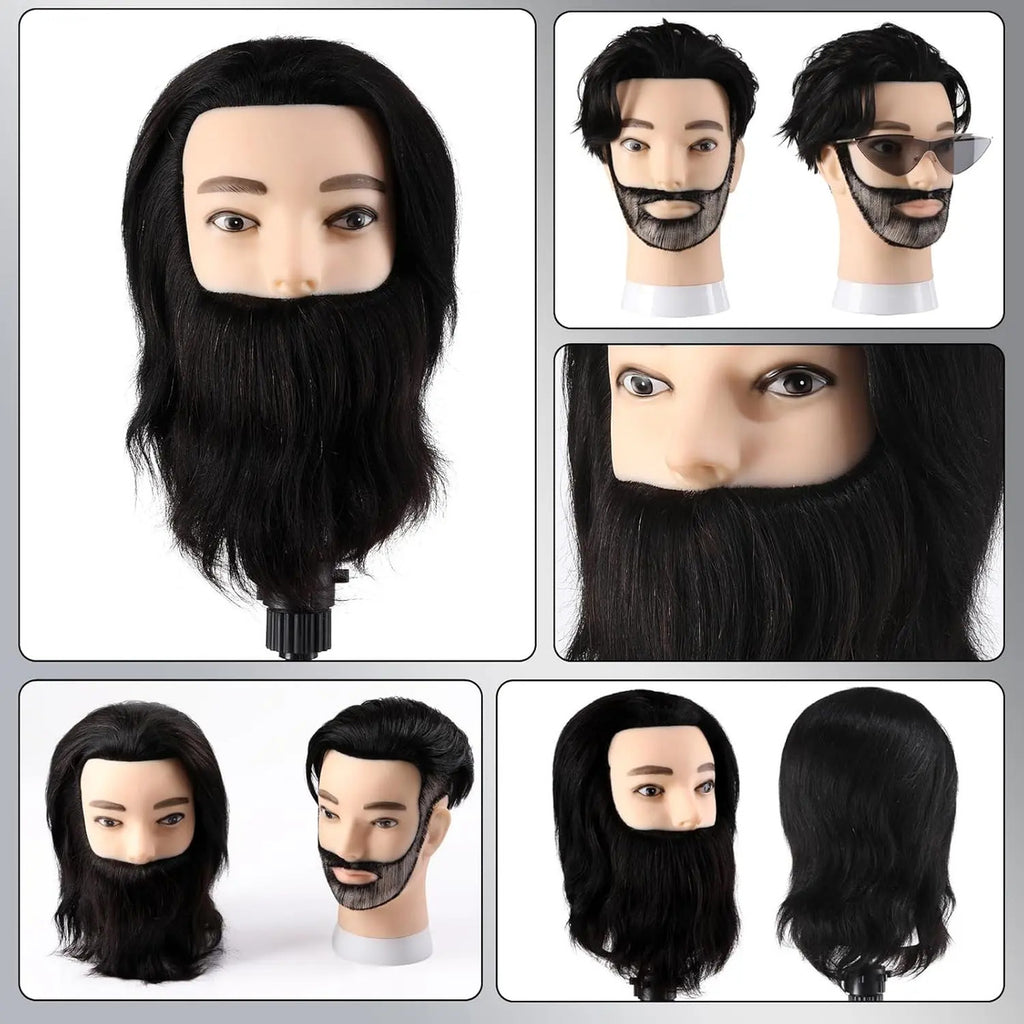 Cabeza de Práctica Masculina 100% Cabello Humano con Barba Profesional