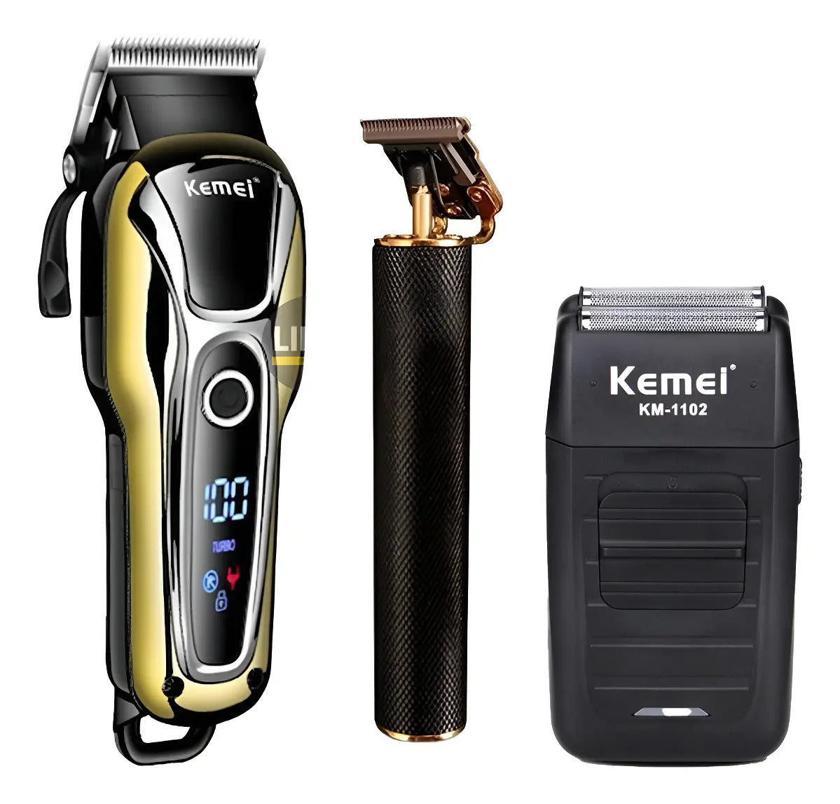 Kit de Barbería Profesional Kemei: Clipper 1990 + Afeitadora 1102 + Trimmer 1971