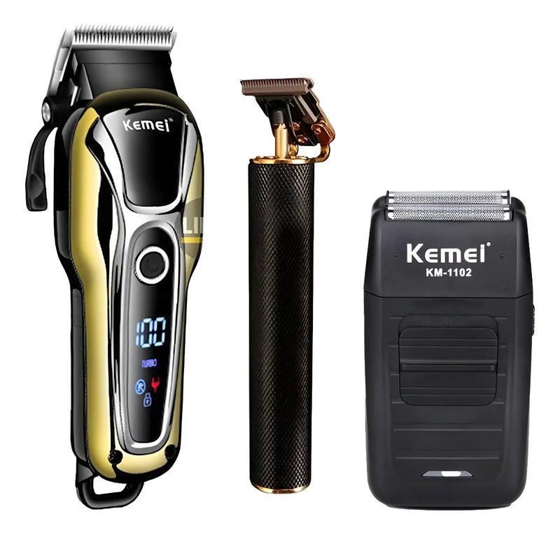 Kit de Barbería Profesional Kemei: Clipper 1990 + Afeitadora 1102 + Trimmer 1971