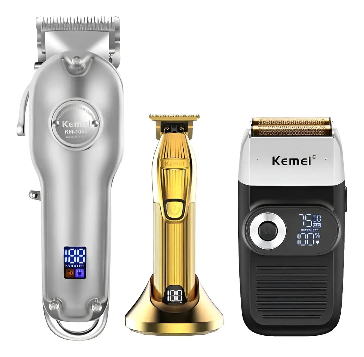 Kit Barbería Profesional Kemei: Clipper 1986 + Shaver 2026 + Trimmer i32s
