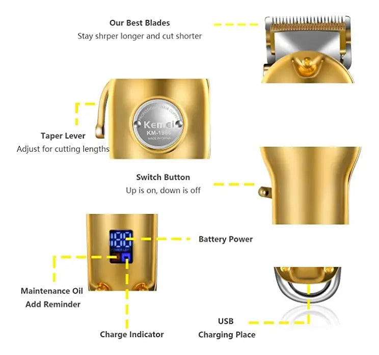 Pack Gold Profesional Kemei: Set 3 Máquinas Clipper 1986 + Trimmer 1949 + Shaver 2028