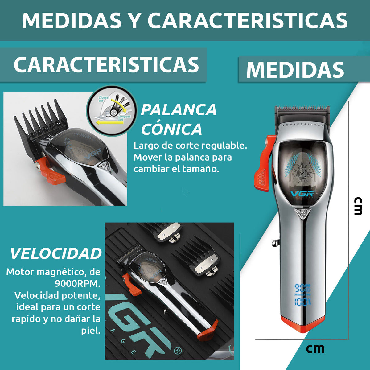 Máquina VGR V-647 Cortadora de Pelo Profesional Inalámbrica 9000 RPM