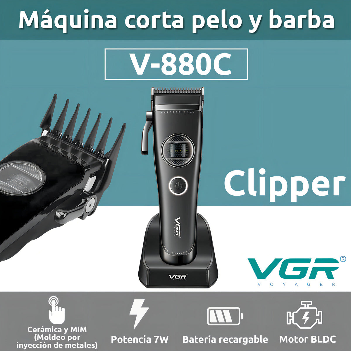 Máquina VGR V-880C Clipper Profesional 7200 RPM Motor BLDC Cerámica