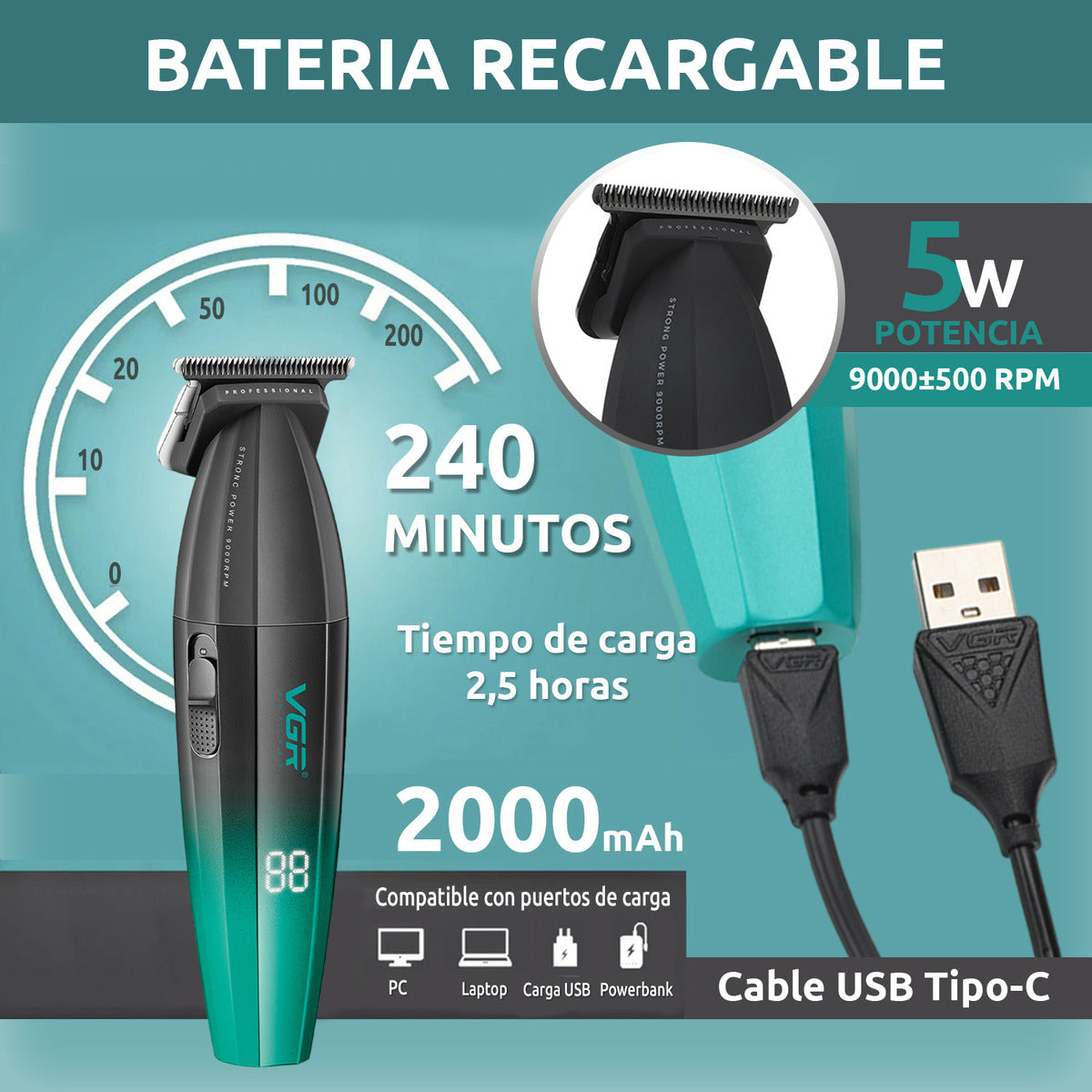 Máquina VGR V-906 Patillera Profesional Inalámbrica 9000 RPM Trimmer