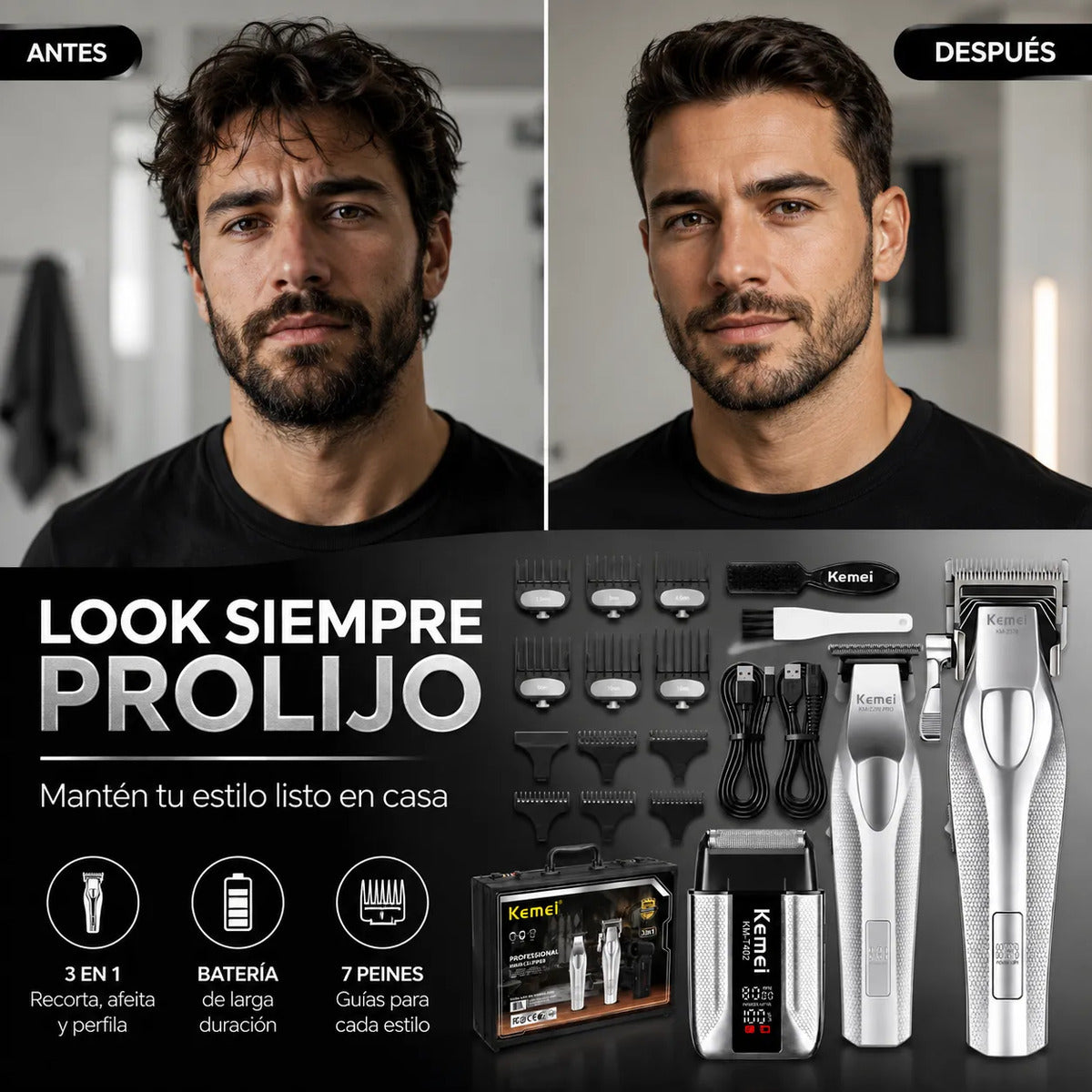 Máquina Cortar Pelo Kemei Kit Barbería  3 En 1 Hoja Dlc Km 4