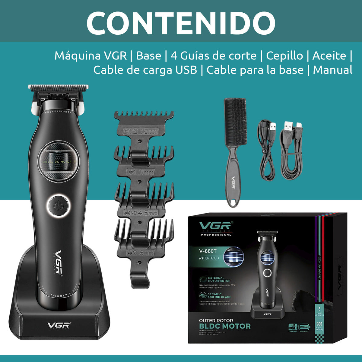 Máquina VGR V-880T Trimmer Profesional BLDC 7200 RPM Cortadora de Pelo