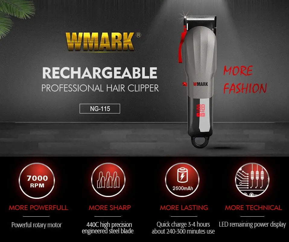 Máquina Profesional Wmark NG-115 | Cortapelo Recargable con Cuchilla 440C