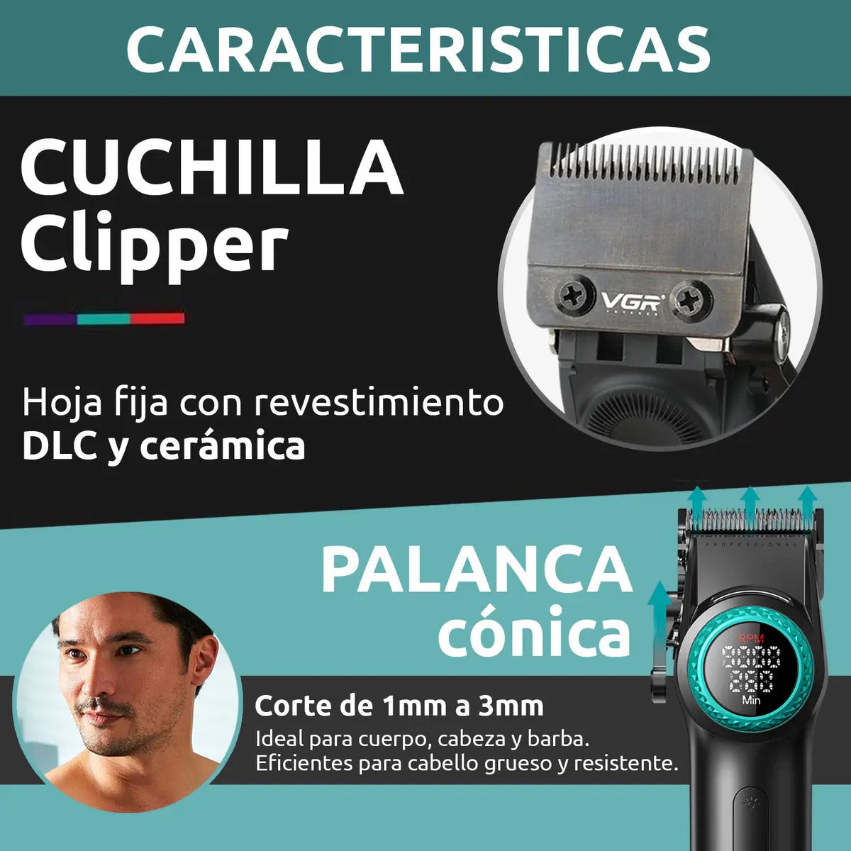 Máquina VGR V-001 Clipper Profesional 9000 RPM Base de Carga 220V