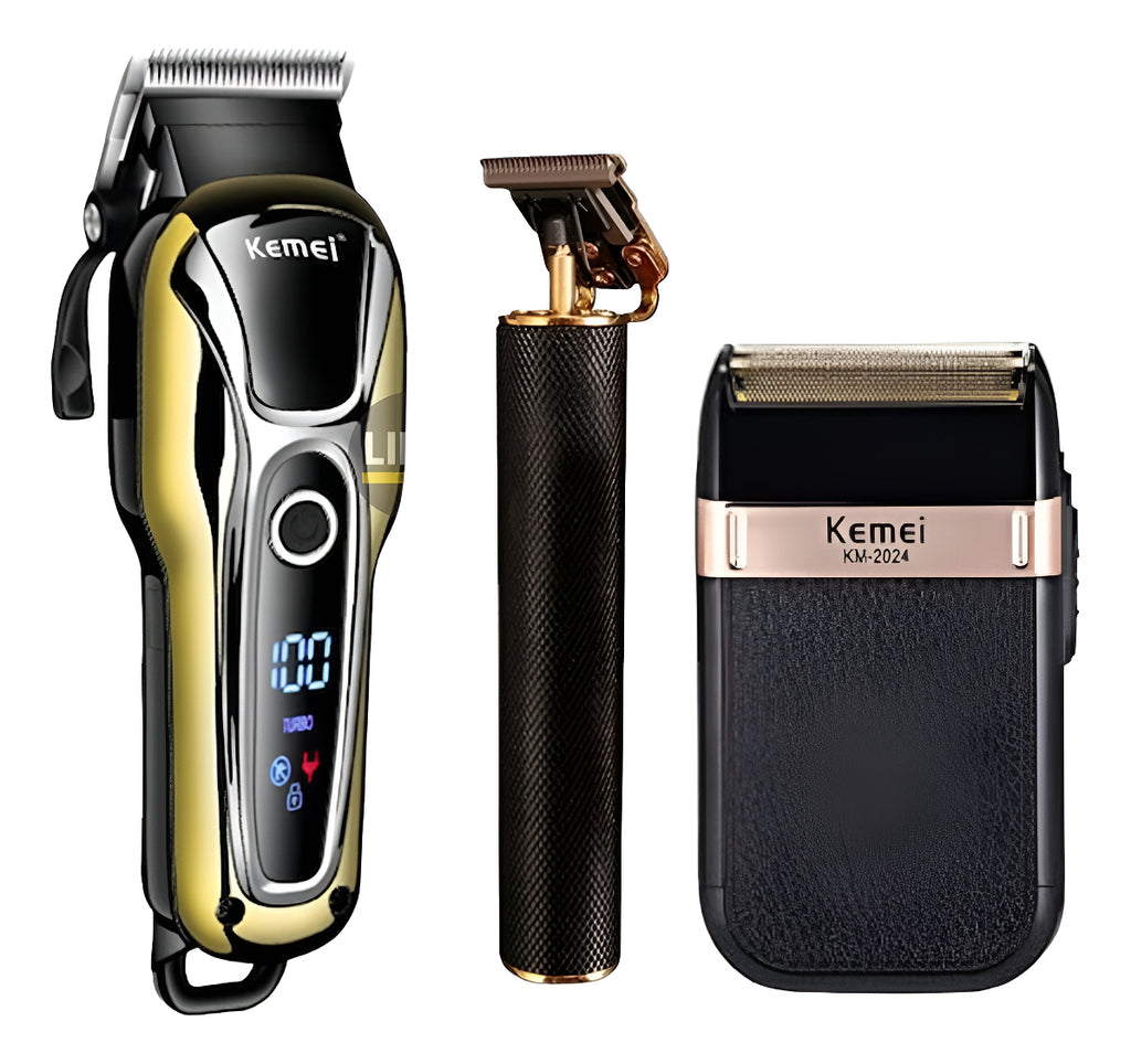 Kit Barbería Profesional Kemei 3 en 1: Clipper 1990 + Trimmer 1971 + Shaver 2024