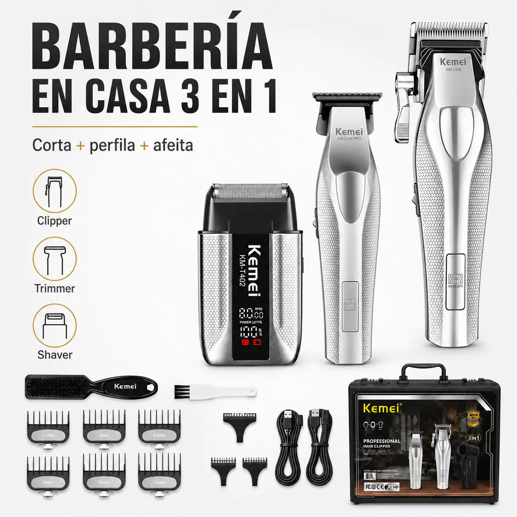 Máquina Cortar Pelo Kemei Kit Barbería  3 En 1 Hoja Dlc Km 4