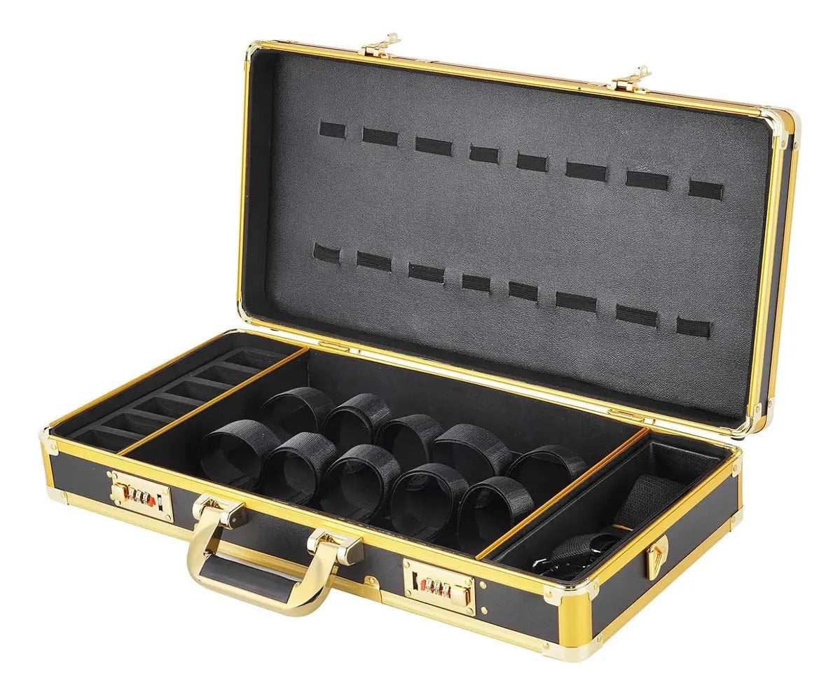 Maleta de Barbero Profesional XL - Organizador de Aluminio Negro y Dorado con Clave