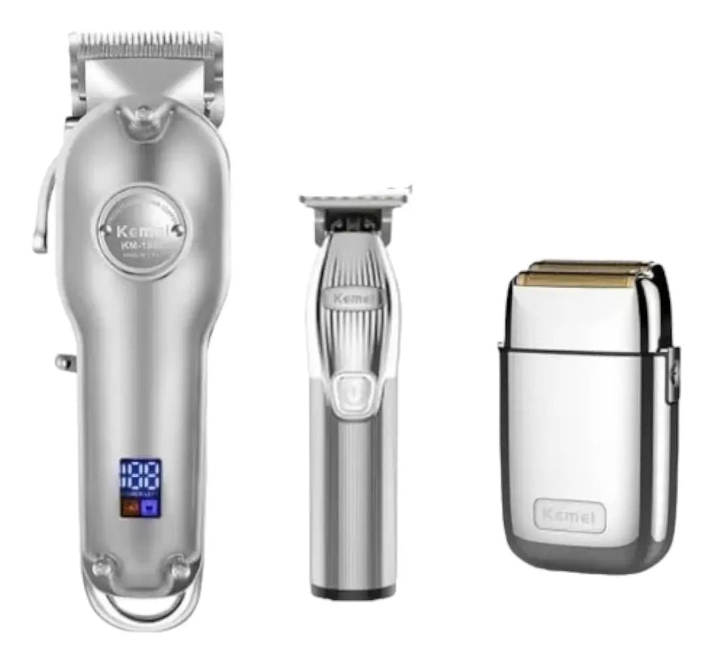 Kit Barbería Profesional Kemei Edición 70 Años: Clipper 1986 + Trimmer 1949 + Shaver TX1