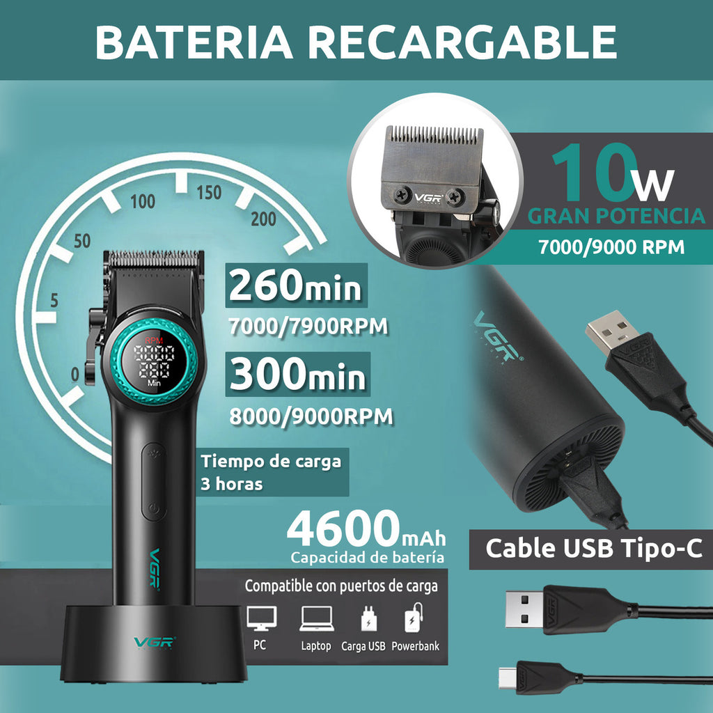 Máquina VGR V-001 Clipper Profesional 9000 RPM Base de Carga 220V