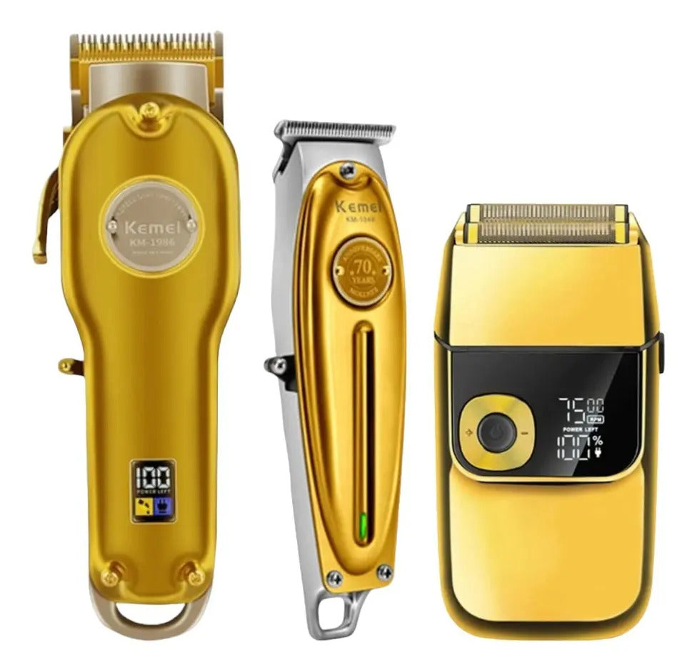 Pack Gold Profesional Kemei: Set 3 Máquinas Clipper 1986 + Trimmer 1949 + Shaver 2028