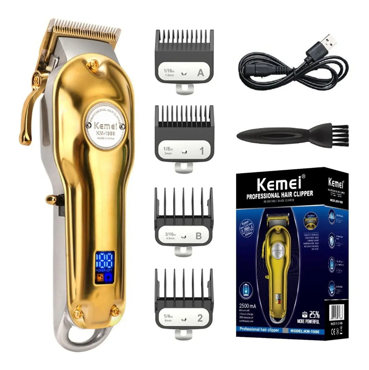 Kit de Barbería Profesional Kemei: Clipper 1986 + Trimmer i32S + Shaver TX1