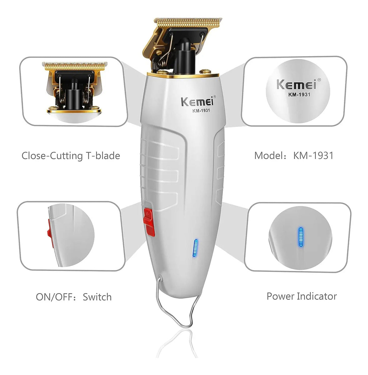 Trimmer Profesional Kemei KM-1931 Blanca: Patillera Inalámbrica de Precisión USB
