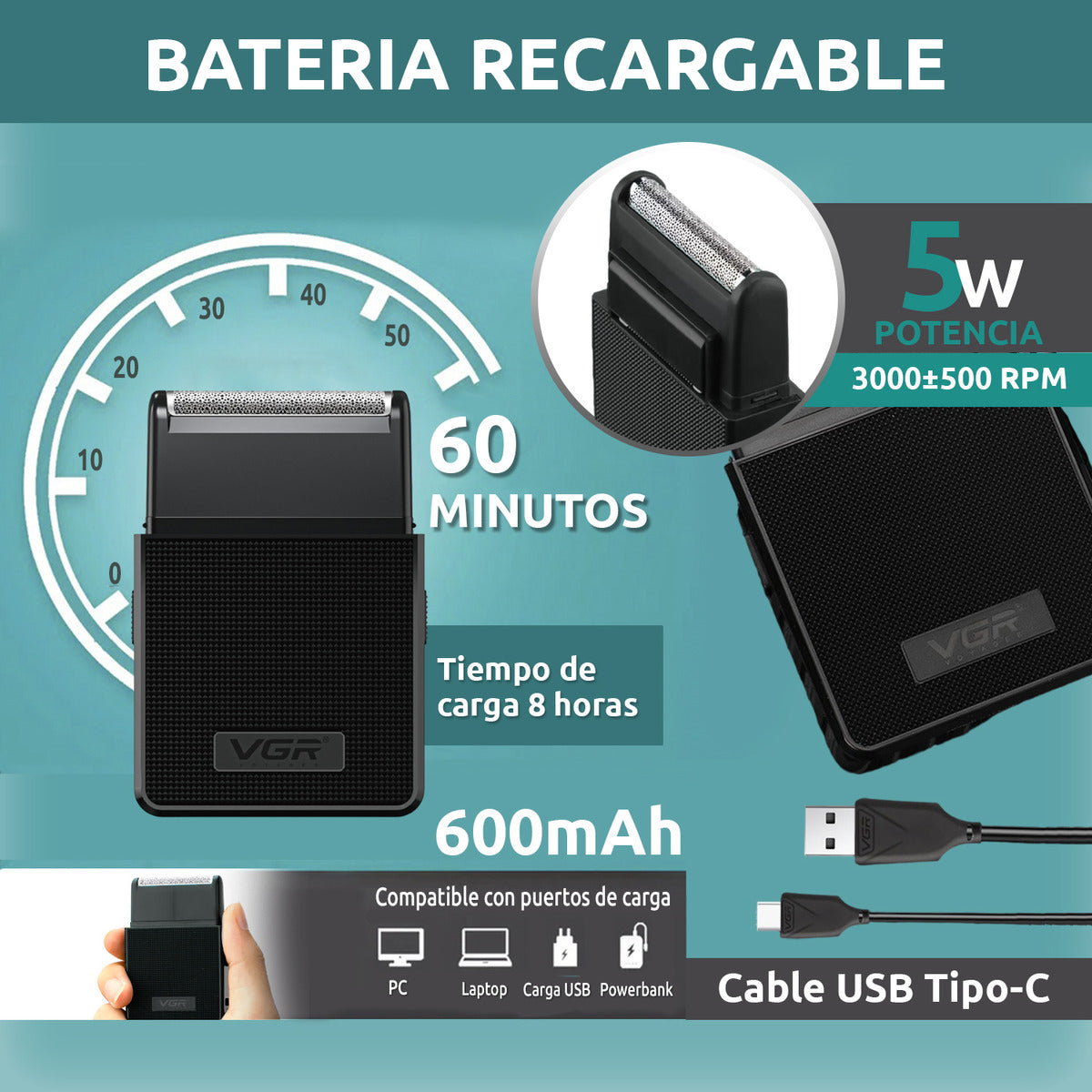 Máquina Rasuradora Inalámbrica VGR V-376 Profesional Recargable Negra