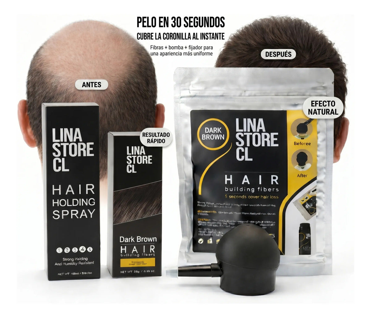 Kit Polvo Castaño Fibra Capilar + Bomba+fijador+ Sobre Carga