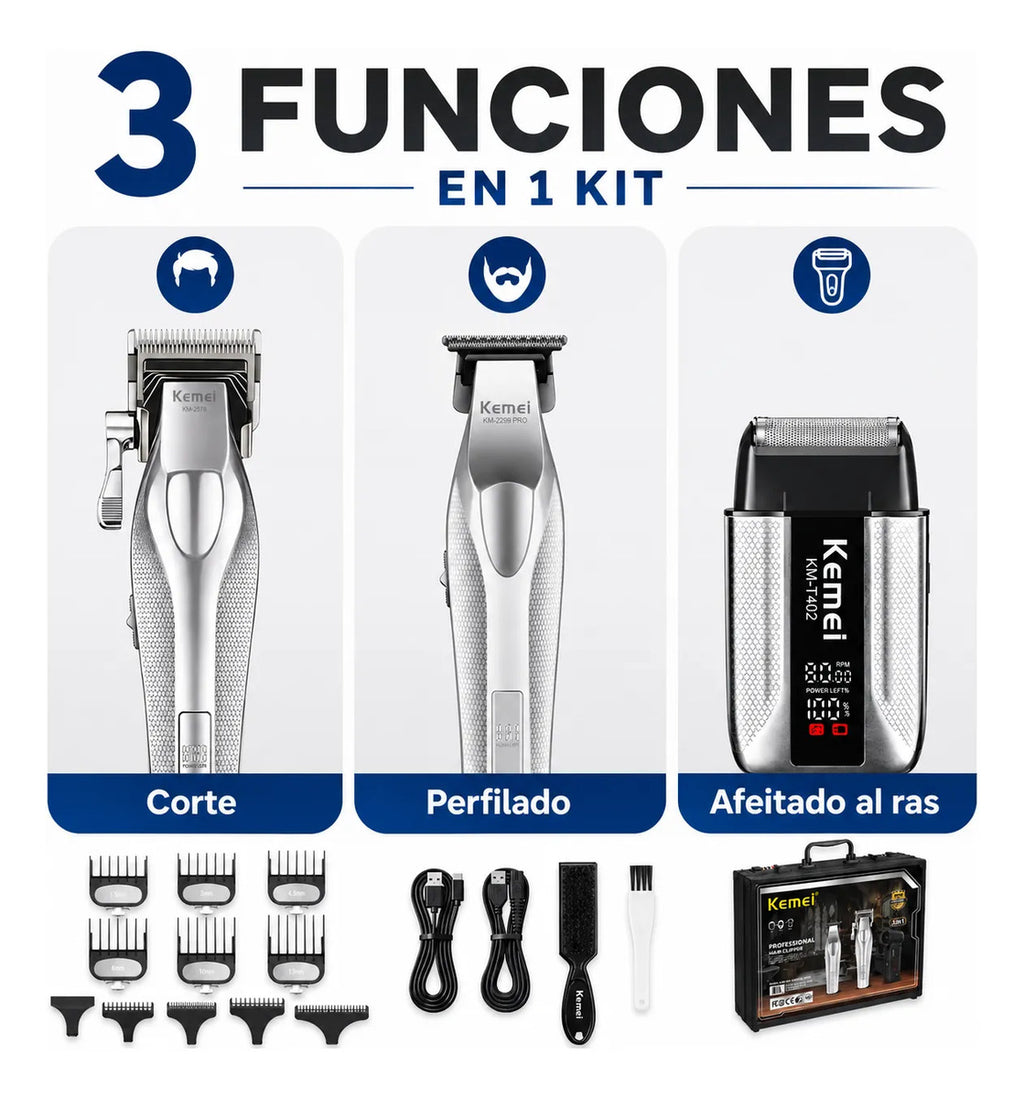 Máquina Cortar Pelo Kemei Kit Barbería  3 En 1 Hoja Dlc Km 4