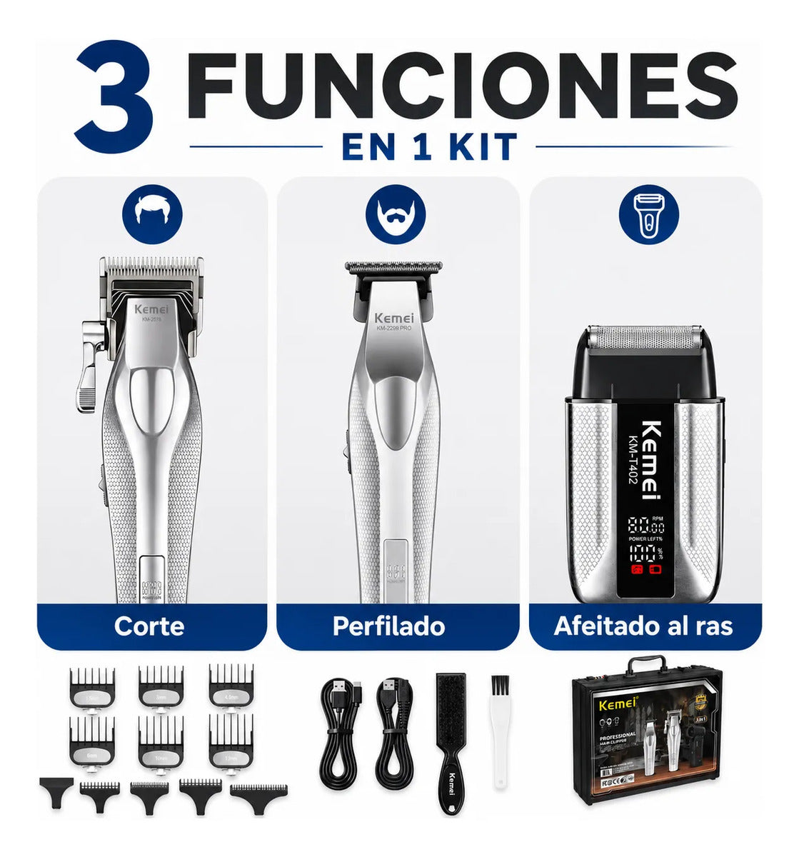 Máquina Cortar Pelo Kemei Kit Barbería  3 En 1 Hoja Dlc Km 4