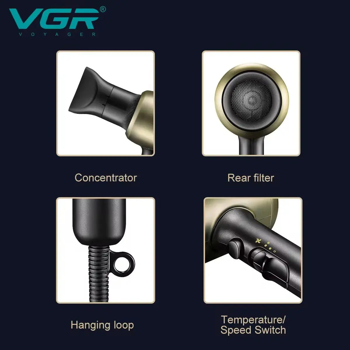 Secador de Pelo VGR V-453 Profesional 2200W Oro Potente Barbería