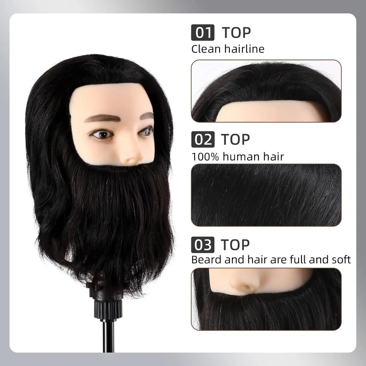 Cabeza de Práctica Masculina 100% Cabello Humano con Barba Profesional