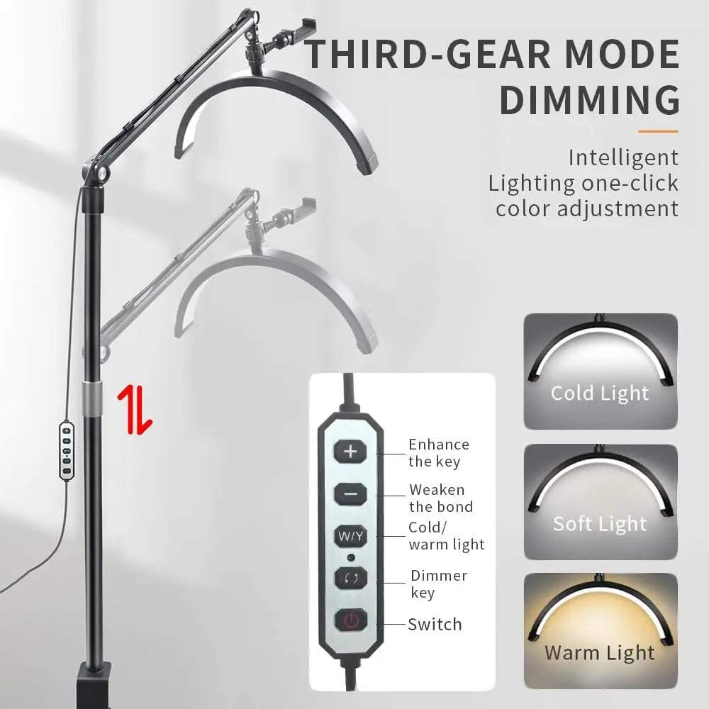 Lámpara LED Media Luna Profesional con Soporte para Celular y Base Móvil