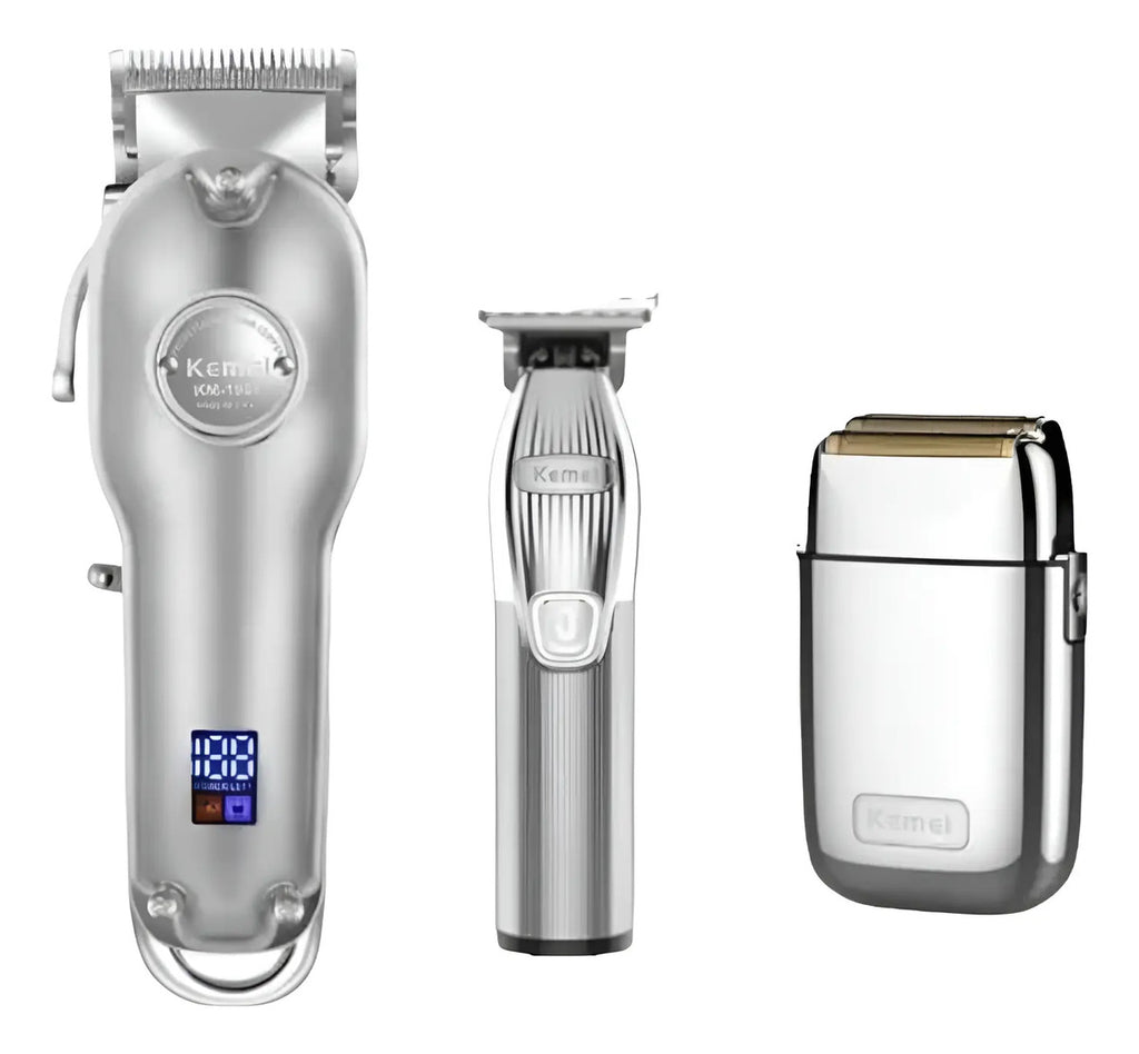 Kit Barbería Profesional Kemei Edición 70 Años: Clipper 1986 + Trimmer 1949 + Shaver TX1