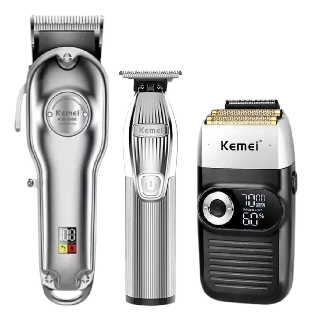 Kit Barbería Profesional Kemei: Clipper 1986 + Trimmer i32 + Shaver 2026 Gold