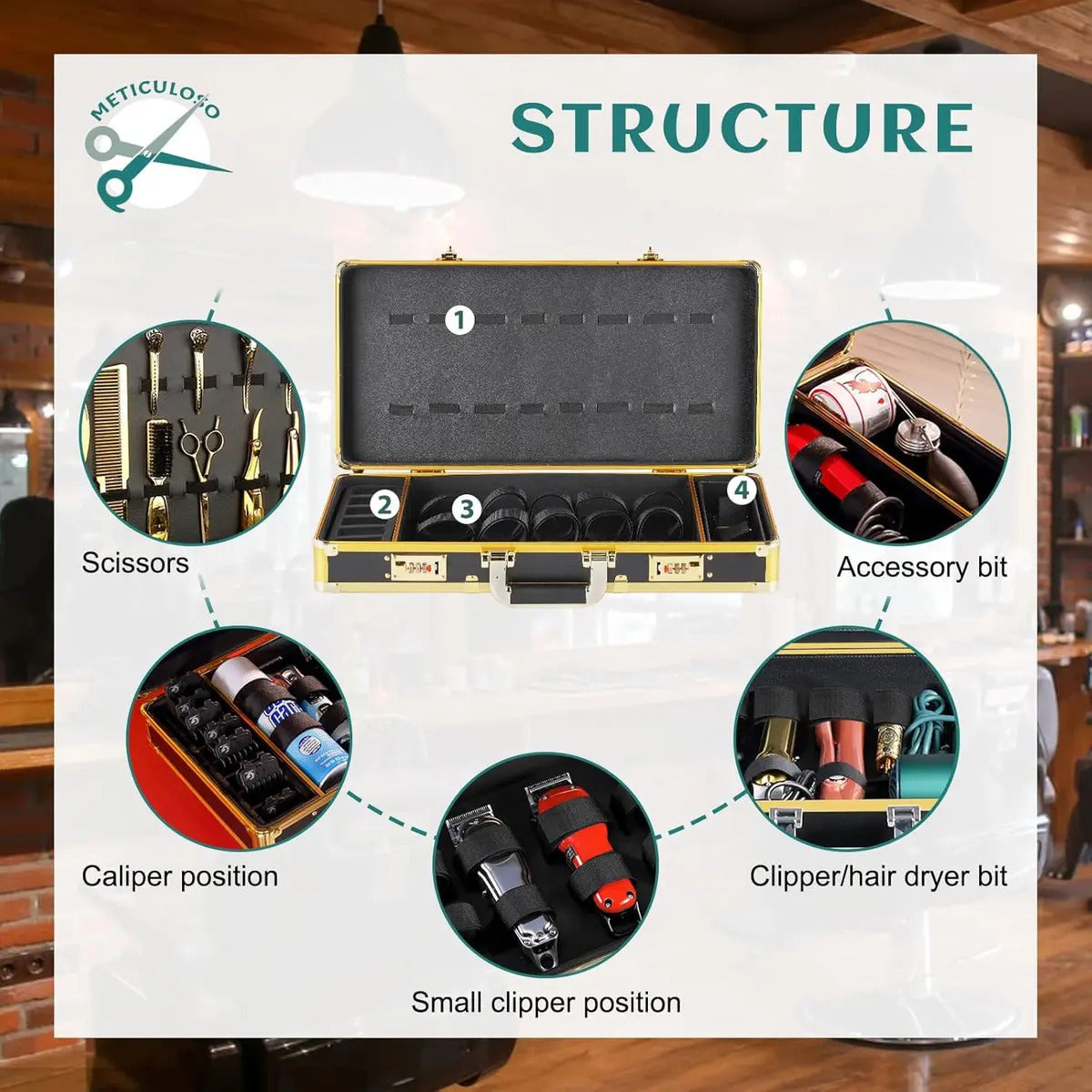 Maleta de Barbero Profesional XL - Organizador de Aluminio Negro y Dorado con Clave