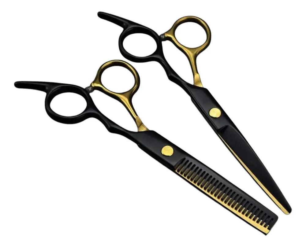Kit de Tijeras Profesionales de Corte y Entresacado - Filo Navaja Negro y Dorado