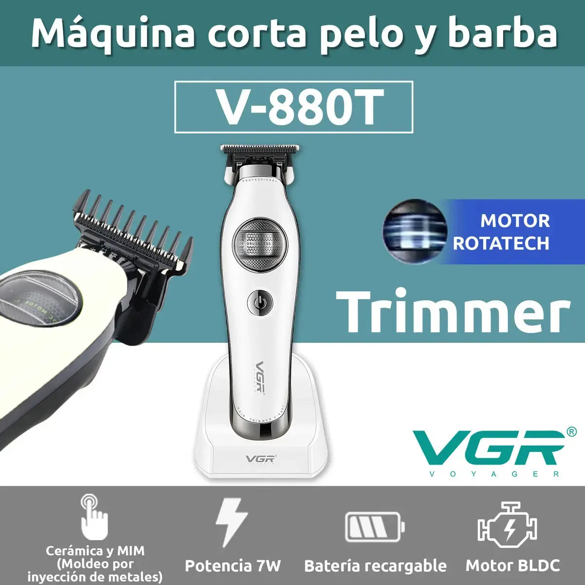 Maquina Corta Pelo Vgr V-880t Bldc 7200rpm Trimmer Patillera