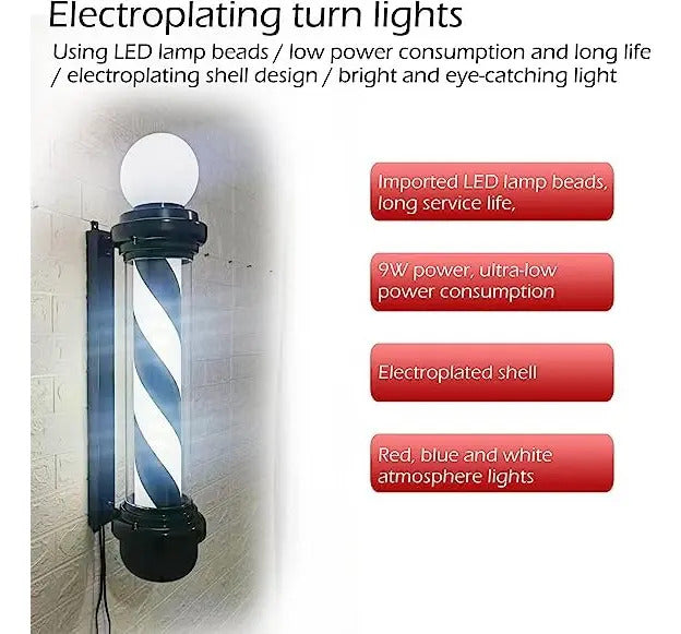 Poste de Barbería Profesional Giratorio 88cm - Luz LED Tricolor Clásica