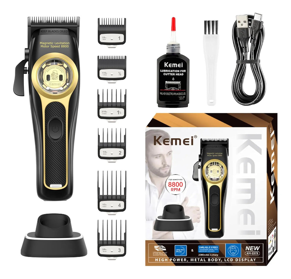 Máquina De Cortar Pelo Inalambrica Kemei 2373 Barbería Negro
