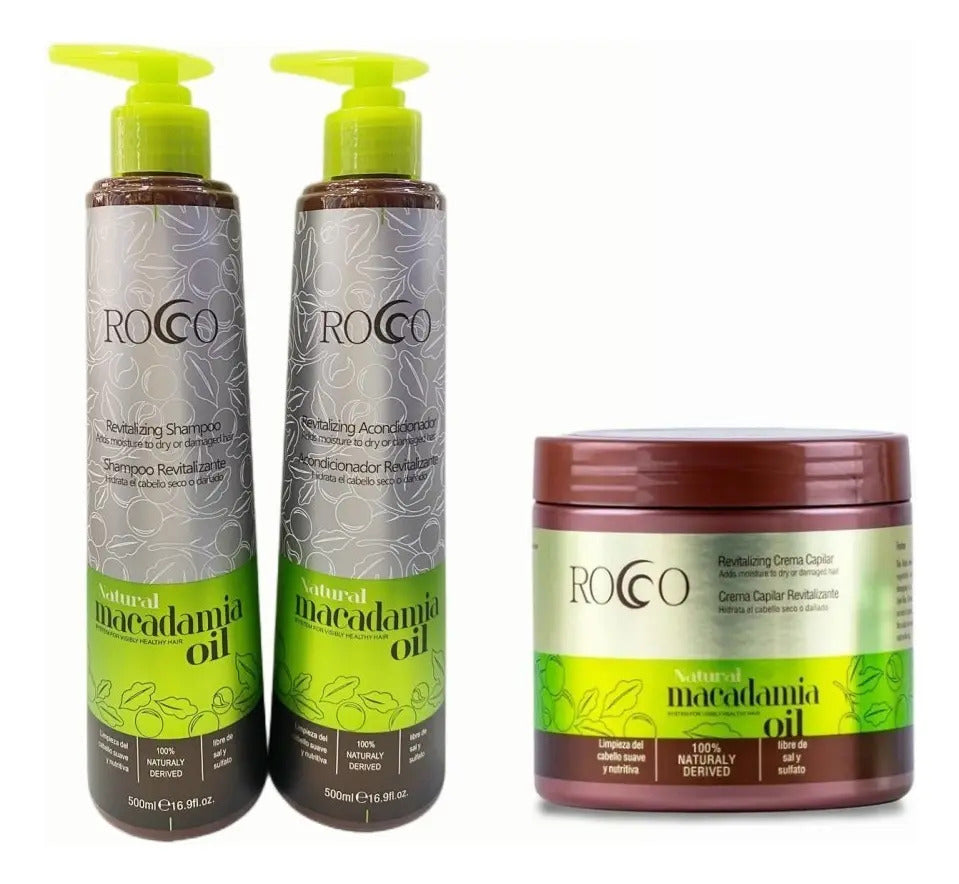 Kit Capilar Rocco Macadamia Oil Profesional - Shampoo, Acondicionador y Crema 500ml