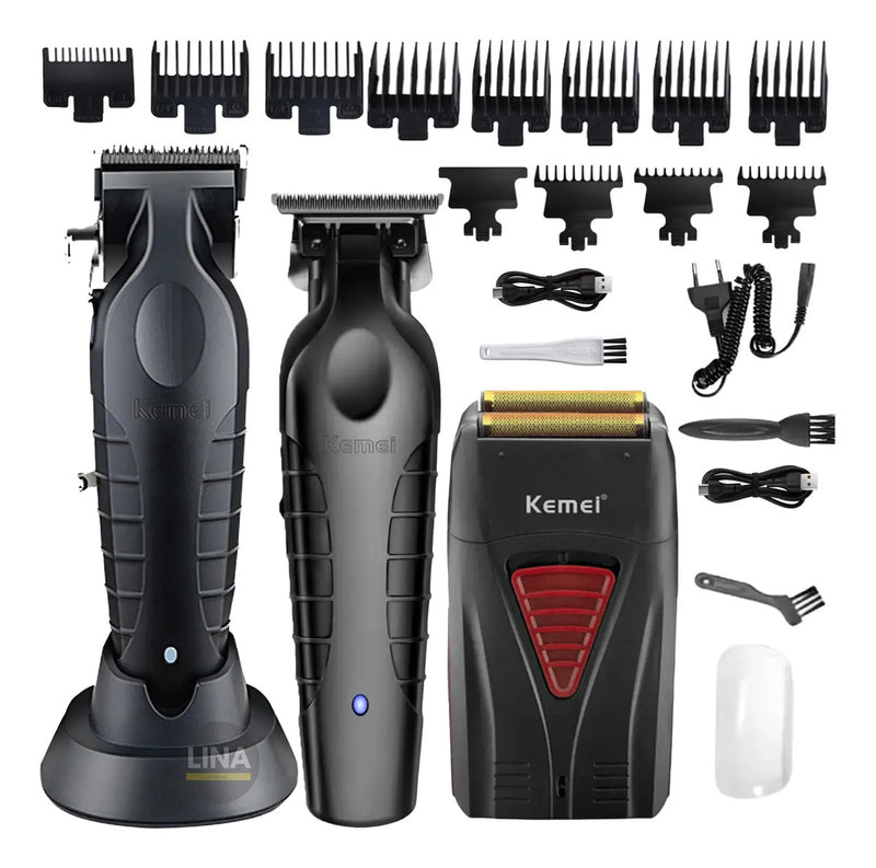Kit Barbería Profesional Kemei: Clipper 2296 + Trimmer 2299 + Shaver 3381