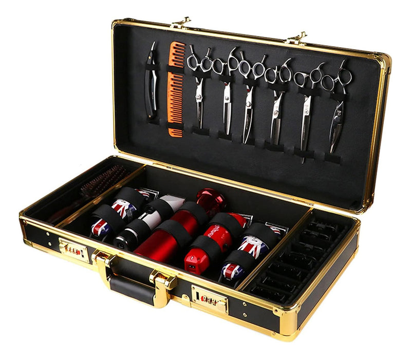 Maletín de Barbero Profesional Negro y Dorado | Organizador de Máquinas y Tijeras