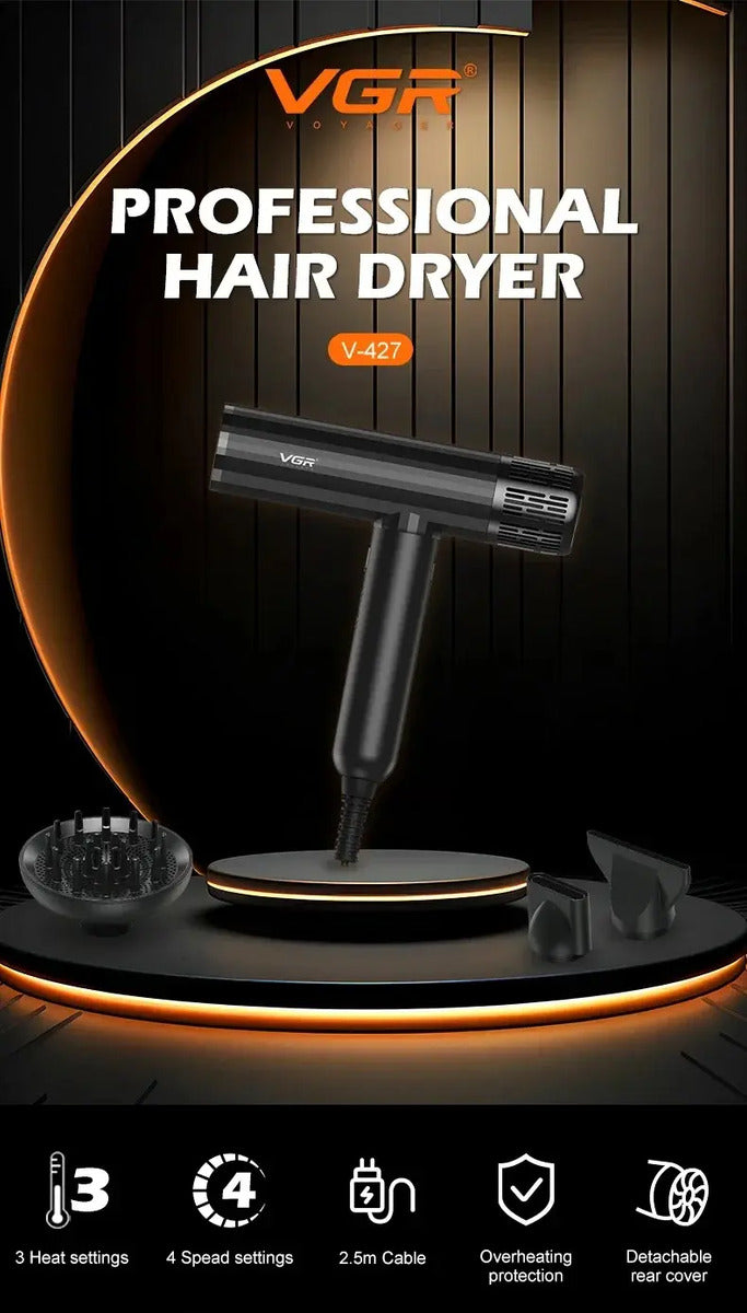 Secador de Pelo Profesional VGR V-427 Iónico Motor BLDC + Difusor y Boquillas